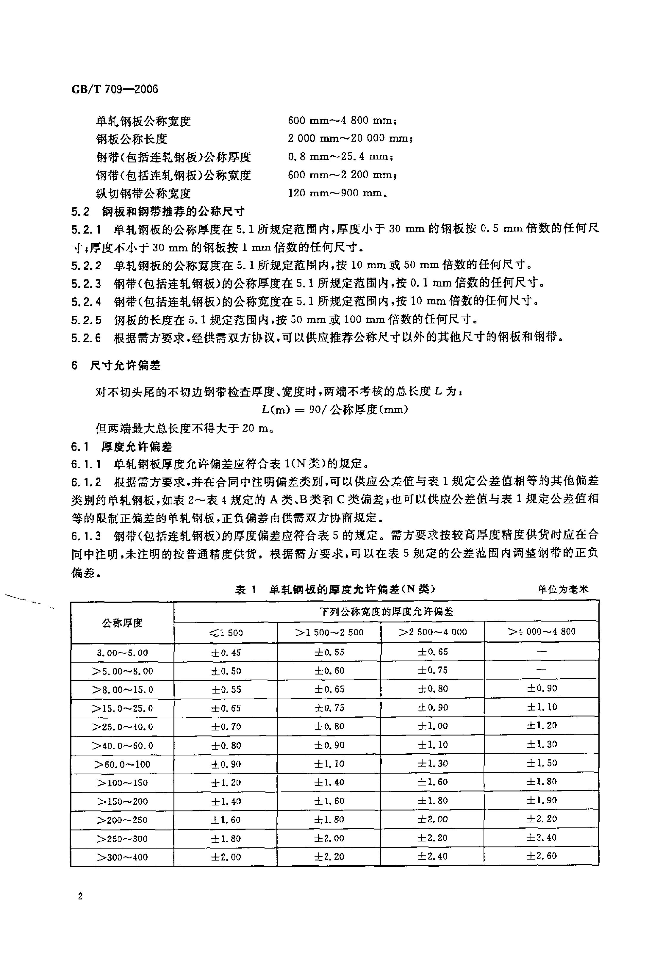 熱軋鋼板和鋼帶的尺寸、外形、重量及允許偏差 國標 GBT 709-2006 代替GBT 709-19880003
